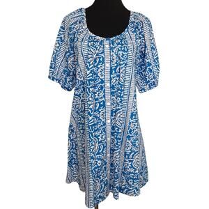 Livro Mini Dress Puff Sleeve Button Front Hand Block Mini Printed Blue Womens S